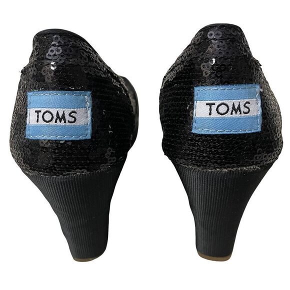 TOMS BLACK SEQUIN WEDGE 3”‎ heel SLIP ON SHOES size women’s 6.5 - Picture 6 of 9